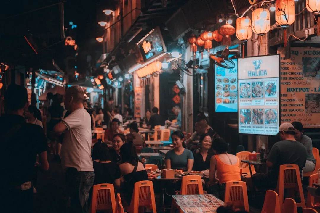 colorful street food market in a bustling city square